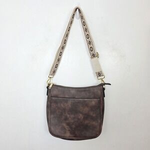 Bostanten Brown Faux Leather‎ Nola Embroidered Strap Medium Hobo Crossbody Bag